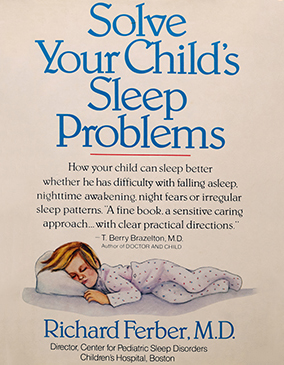 beige rectangle titled "solve your child's sleep problems" with illustration of child sleeping on a pillow.