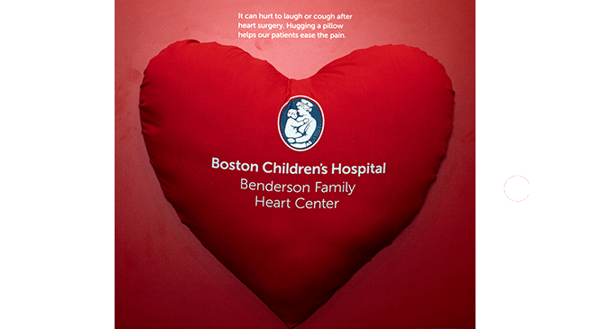 Plush heart with text "Boston Children's Hospital Benderson Family Heart Center"